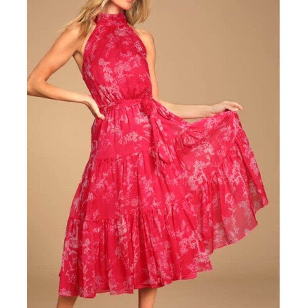 LULU'S Medium HOT Pink Float To You Floral Halter-Neck Tiered Midi Dress…